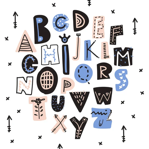 Abstracto infantil dibujado a mano alfabeto escandinavo — Vector de stock