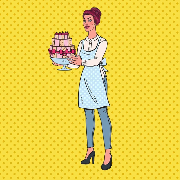 Chef Pop Art avec Delicious Cake. Femme au foyer — Image vectorielle