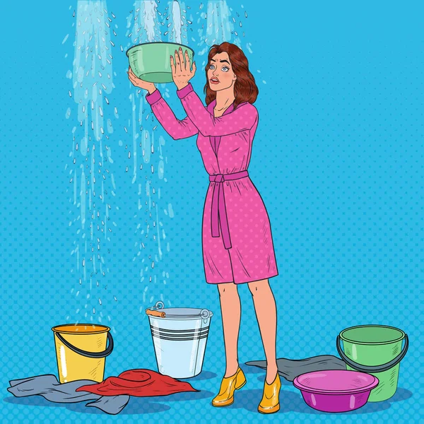 Женщина-поп-арт держит ведро и собирает воду — стоковый вектор
