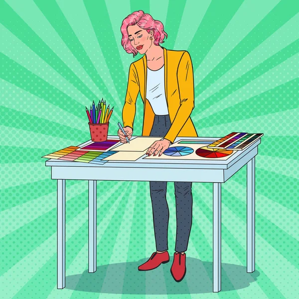 Diseñadora gráfica femenina de arte pop con herramientas de trabajo — Archivo Imágenes Vectoriales