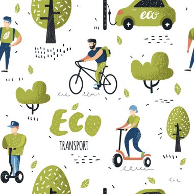 Seamless modeli Eco ulaşım sürme insanlarla. Yeşil Kentsel şehir ulaşım arka plan. Ekoloji kavramı ile bisiklet, Pushscooter, elektrikli araba. Vektör çizim