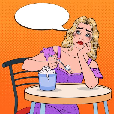 Ağlayan yalnız kadın dondurma yeme sanat pop. Umutsuzluk bekar kız Cafe sıkılmış. Vektör çizim