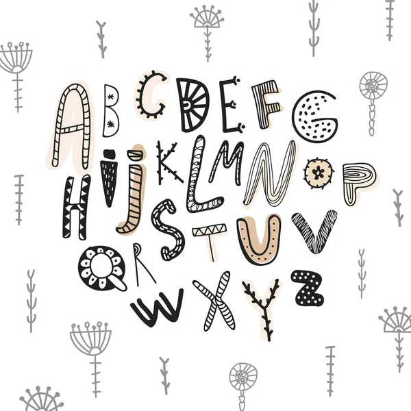 Abstrato Alfabeto desenhado à mão infantil. Scandinavian Style Font. Criativa Crianças ABC para Decoração, Convite, Impressões, Citações e Cartazes. Ilustração vetorial — Vetor de Stock