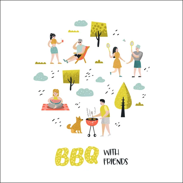 Personaje Gente en BBQ Party. Amigos en Summer Barbeque and Grill. Carne de cocina al aire libre. Picnic familiar. Ilustración vectorial — Archivo Imágenes Vectoriales