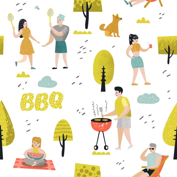 Seamless Pattern a Bbq fél emberekkel. Meg a nyári grill és Grill háttér. Szabadtéri főzés hús. Családi piknik. Vektoros illusztráció — Stock Vector