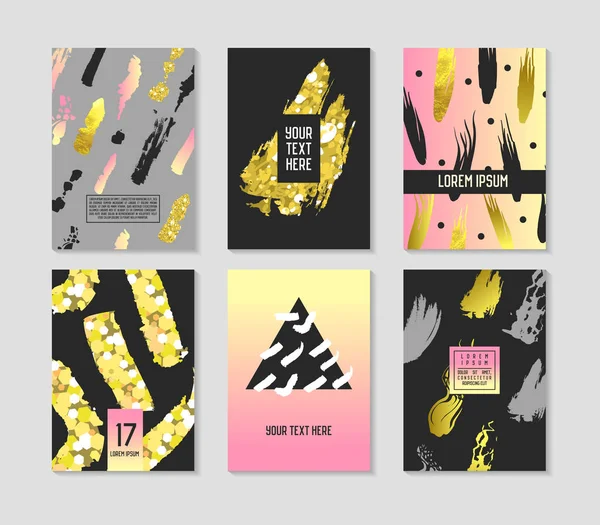 Conjunto de carteles abstractos de moda con lugar para el texto y los pinceles dorados. Hipster Geométricos Banners, Placards, Fondos 80-90 Estilo Vintage. Ilustración vectorial — Vector de stock