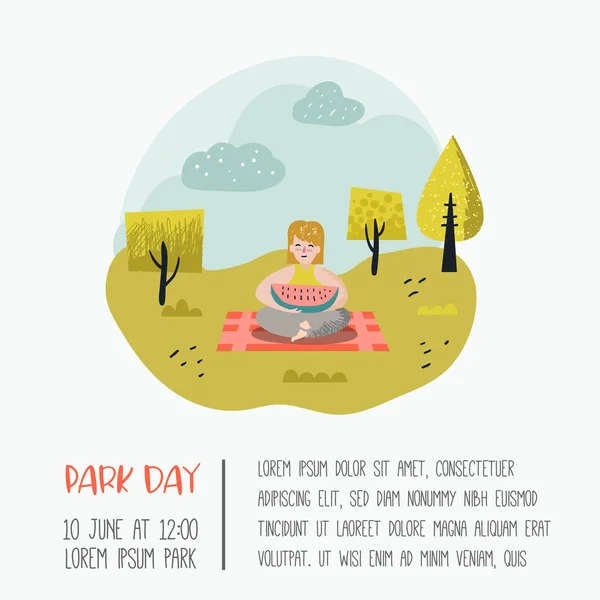 Paysage d'été avec femme Se détendre dans Park Day. Mode de vie sain Affiche, bannière, invitation. Illustration vectorielle — Image vectorielle