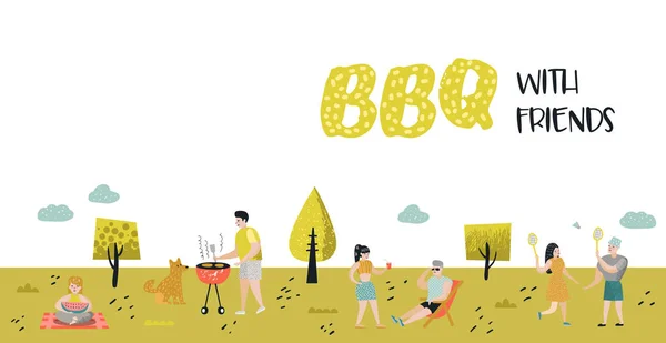 Krajobraz parku z aktywnych osób na grilla. Przyjaciele na lato grilla i Grill. Barbeque plakat, baner, zaproszenie. Ilustracja wektorowa — Wektor stockowy