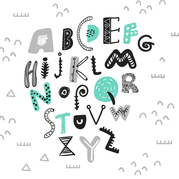 Αφηρημένη παιδαριώδη χέρι συρμένο αλφάβητο. Σκανδιναβικό στυλ γραμματοσειράς. Δημιουργικά παιδιά Abc για διακόσμηση, πρόσκληση, εκτυπώσεις, εισαγωγικά και αφίσες. Εικονογράφηση διάνυσμα — Διανυσματικό Αρχείο