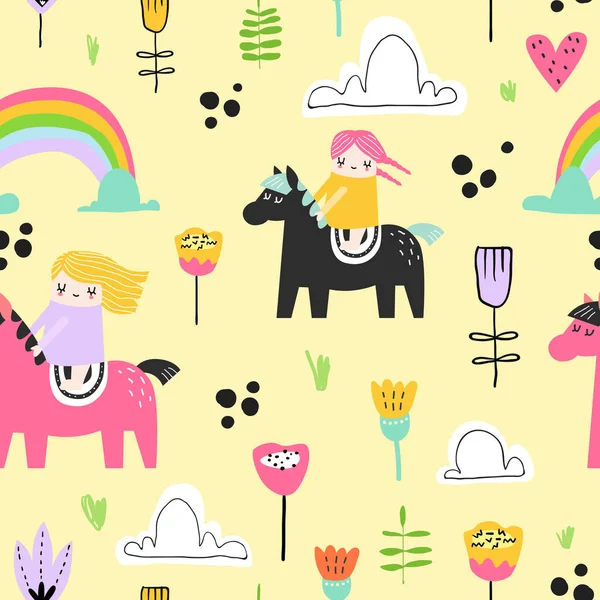 Kinderachtig naadloze patroon met leuke meisjes op de Pony, Rainbow en bloemen. Creatieve Kids achtergrond voor stof, textiel, behang, inpakpapier. Vectorillustratie — Stockvector