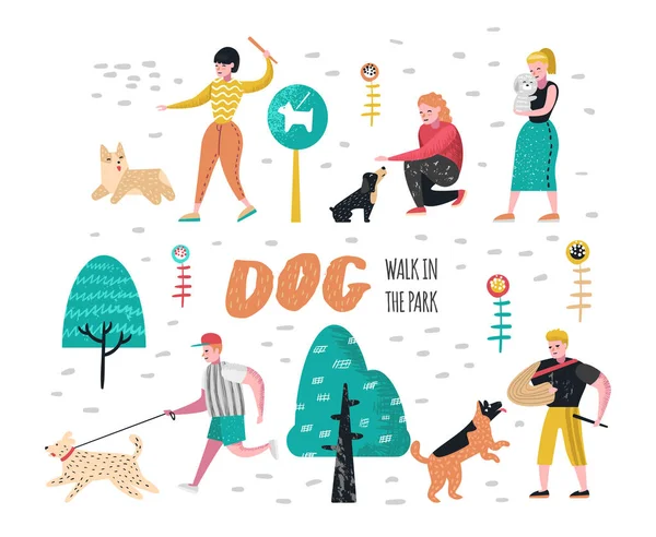 Les gens dressent des chiens dans le parc. Personnages marchant dehors avec des animaux de compagnie. Illustration vectorielle — Image vectorielle