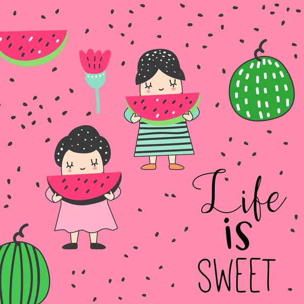 Cartão infantil com meninas bonitos e melancias. Fundo colorido para crianças criativas para saudações, decoração. Ilustração vetorial —  Vetores de Stock