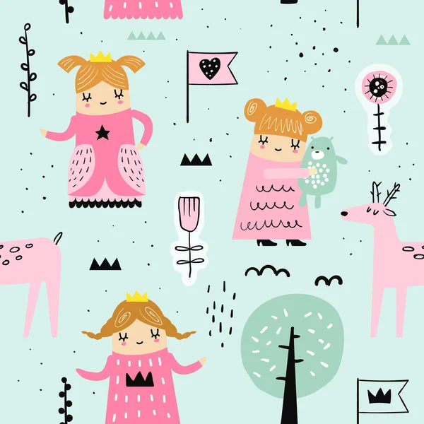 Hand Drawn Seamless Pattern dengan Little Princess. Kreatif Latar Belakang Anak-anak dengan Cute Girls dan Hewan untuk Kain, Tekstil, Wallpaper, Dekorasi, Cetak. Ilustrasi vektor - Stok Vektor