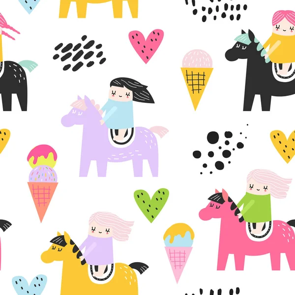 Childish Seamless Pattern with Cute Girls and Pony (dalam bahasa Inggris). Creative Kids Background untuk Fabric, Textile, Wallpaper, Wrapping Paper. Ilustrasi vektor - Stok Vektor