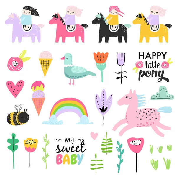 Doodle infantil con chicas lindas, ponis y pájaros. Conjunto de elementos dibujados a mano para tarjeta de cumpleaños, decoración, patrón, tela. Ilustración vectorial — Vector de stock