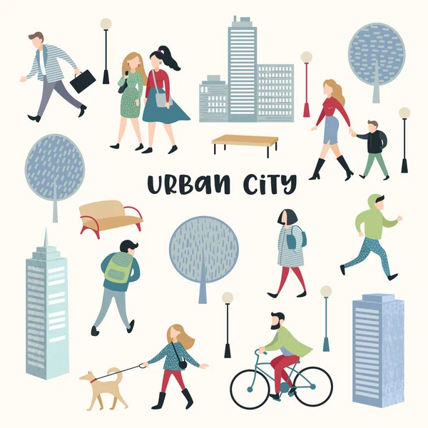Gente che cammina per strada. Architettura urbana della città. Personaggi con Famiglia, Bambini, Runner e Bicycle Rider. Illustrazione vettoriale — Vettoriale Stock