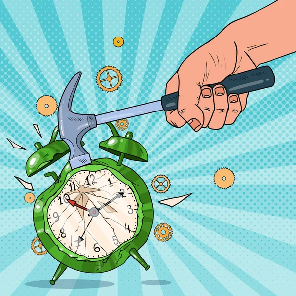 Pop Art Male Hand Holding Hammer and Broking Alarm Clock (en inglés). Ilustración vectorial — Archivo Imágenes Vectoriales