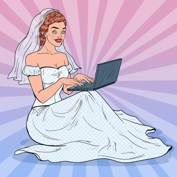 ノート パソコンとポップアートの花嫁。ウェディング ドレスのオンライン ショッピングで幸せな女は。ベクトル図 — ストックベクタ