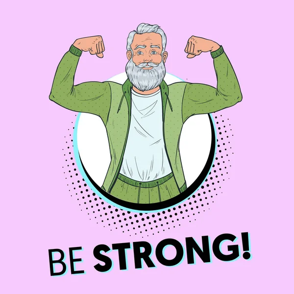 Pop Art Mature Senior Man Showing Muscles. Happy Strong Kakek. Poster Gaya Hidup Sehat. Ilustrasi vektor - Stok Vektor