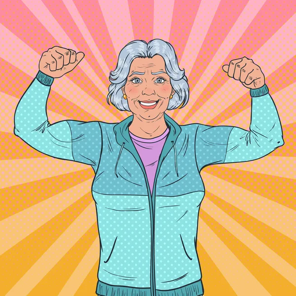 Pop Art lächelnde Seniorin zeigt Muskeln. Gesunder Lebensstil. glückliche starke Großmutter. Vektorillustration — Stockvektor