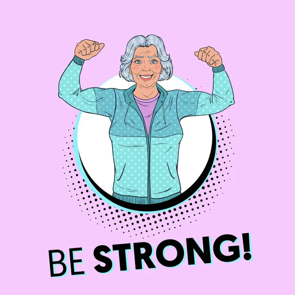 Pop Art Smiling Senior Mature Woman Showing Muscles (dalam bahasa Inggris). Poster Gaya Hidup Sehat. Happy Strong Nenek. Ilustrasi vektor - Stok Vektor