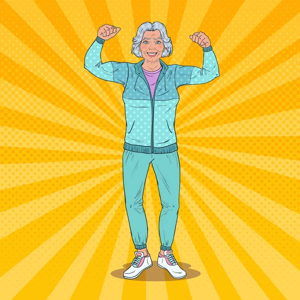 Поп-арт улыбающаяся пожилая женщина демонстрирует мускулы. Здоровый образ жизни. Счастливой бабушки. Векторная иллюстрация — стоковый вектор