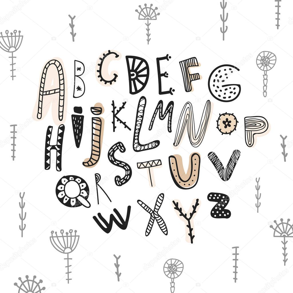 Abstract Childish Hand Drawn Alphabet. Scandinavian Style Font. Creative Kids ABC for Decoration, Invitation, Prints, Quotes and Posters. Vector illustration