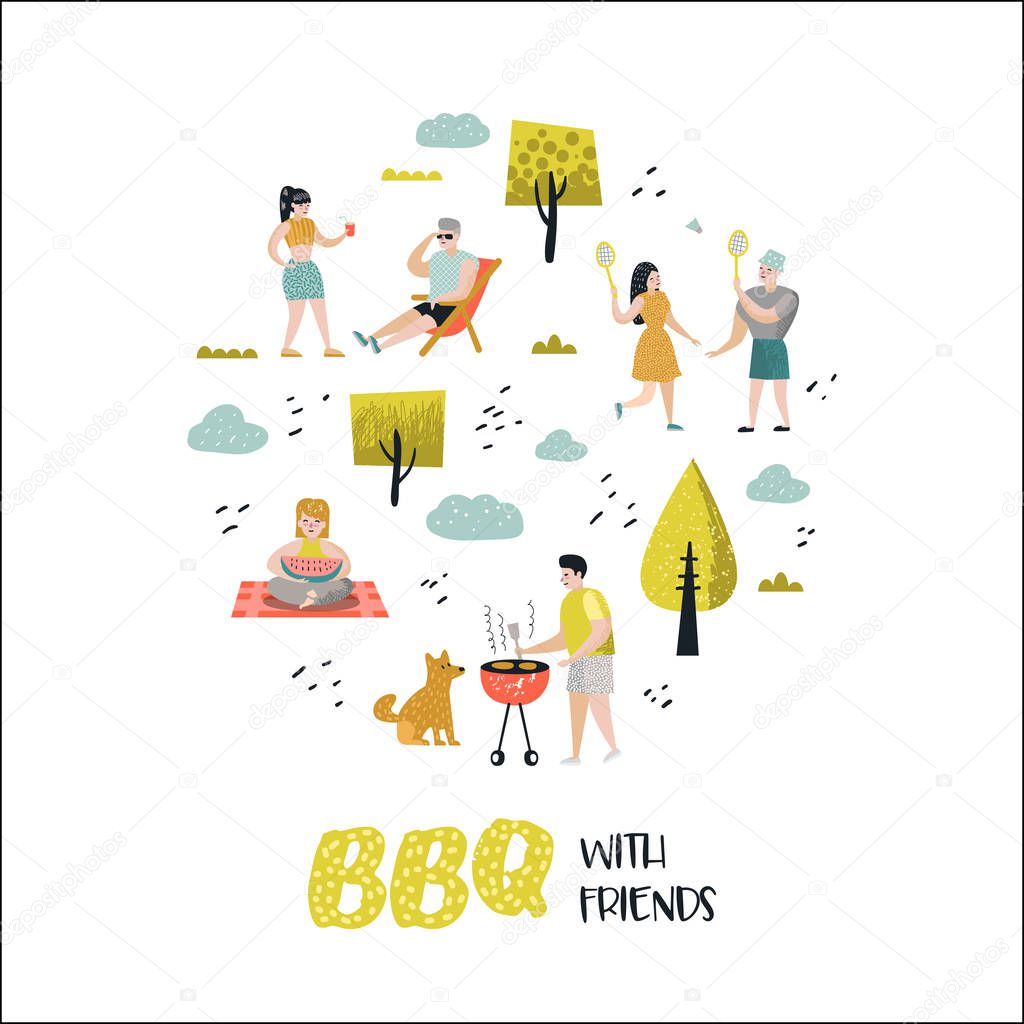 Character People on BBQ Party. Friends on Summer Barbeque and Grill. Outdoor Cooking Meat. Family Picnic. Vector illustration