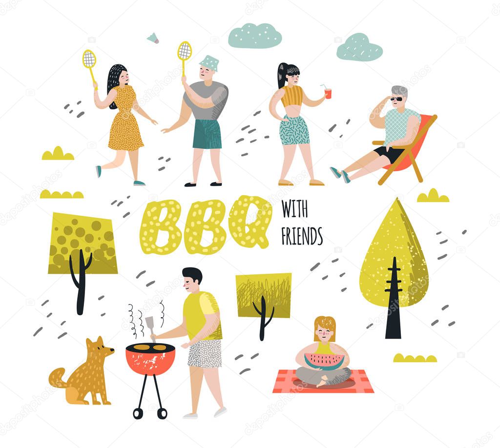 Character People on BBQ Party. Friends on Summer Barbeque and Grill. Outdoor Cooking Meat. Family Picnic. Vector illustration