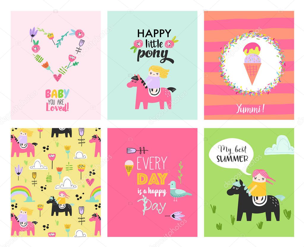 Baby Cards with Hand Drawn Girls on Ponies. Childish Posters for Children Party Decoration. Vector illustration