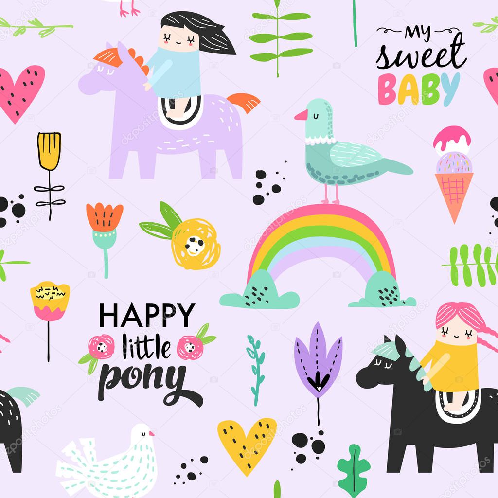 Childish Seamless Pattern with Cute Girls on Pony, Rainbow and Flowers. Creative Kids Background for Fabric, Textile, Wallpaper, Wrapping Paper. Vector illustration