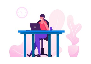 Office Worker Busy Business Woman or Freelancer Working on Laptop Sitting at Table Workplace Thinking of Task clipart