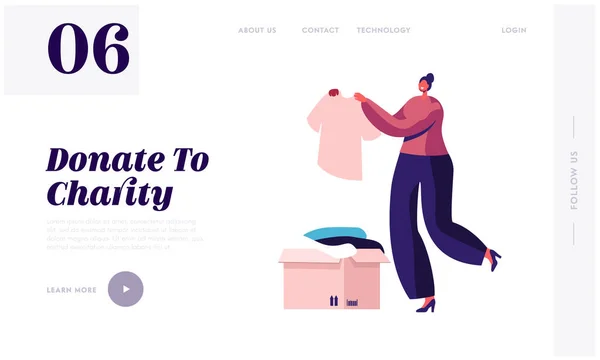 Woman Participating at Charity Website Landing Page. Selfless Kind Female Character Bring Box with Clothes