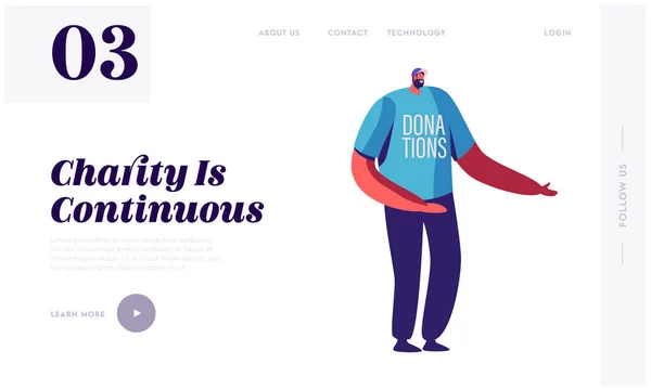 Donación y Voluntariado Trabajar Página Web Landing Page. Amistoso hombre sonriente que usa camiseta y gorra con caridad — Archivo Imágenes Vectoriales