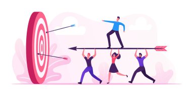 İş Hedefleri Konsepti. İş Adamları Ekibi Büyük Ok Taşıdı İş Adamı Üzerinde Duruyor