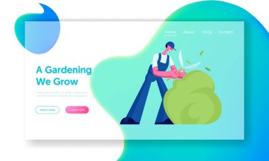 Peyzaj, Yeşillik ve Bahçe Bakım Konsepti Web Sitesi İniş Sayfası. Mutlu Genç Bahçıvan Çalı Kırpıyor