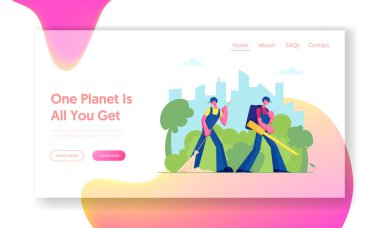 Sonbahar Temizlik Servisi Web Sitesi İniş Sayfası. Temizlikçiler Çimleri süpürüyor ve Dökülen Renkli Yaprakları üflüyor