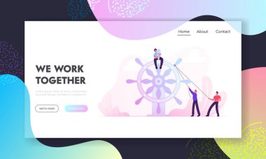 İş Liderliği Takım Çalışması Web Sitesi İniş Sayfası. İş Adamları Devasa Hareket Eden Direksiyon
