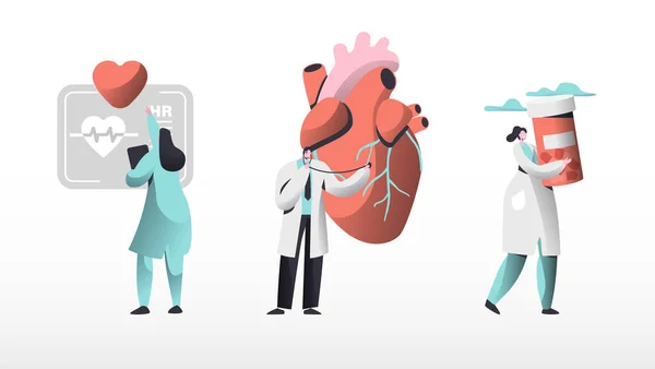 Medical Cardiology Workers Care Heart Health Set. Team di cardiologi con pillola per il trattamento, ascoltare battito cardiaco — Vettoriale Stock