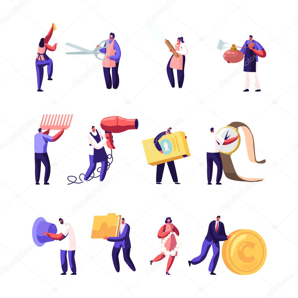 Set of Male and Female Characters Holding Different Things and Devices. Tiny Men and Women with Scissors and Comb