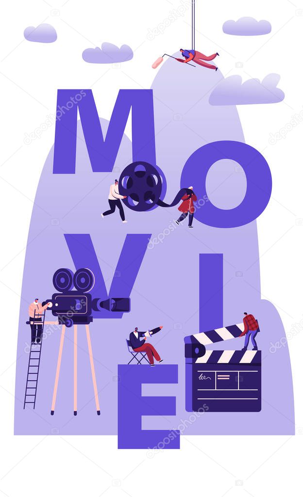 Movie Making Process Concept. Operator Using Camera and Staff with Professional Equipment for Recording Film