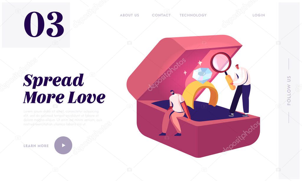 Men Choose Engagement Ring for Woman Website Landing Page. Characters Sitting on Huge Box with Diamond Jewelry