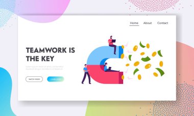 Para Çekimi Web Sitesi İniş Sayfası. İş Adamları Ekibi Doları Büyük Mıknatısla Çekiyor. Takım Çalışması İşbirliği