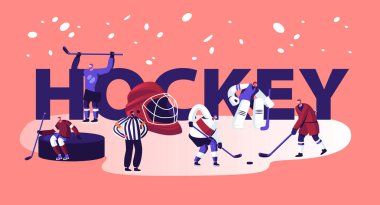 Hockey Competition Tournament Concept. Men in Sports Uniform with Sticks Practicing on Ice Rink Game clipart