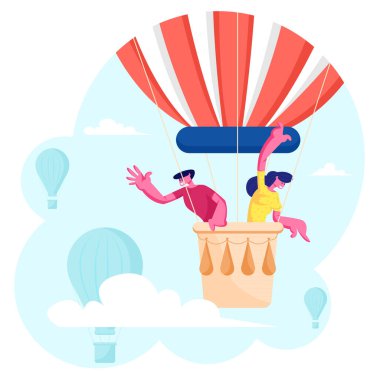 Cloudy Sky 'da uçan Mutlu Çift Adam ve Kadın Havada Uçan Dünya' ya Bakıyor