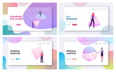 Yönetim ve Pazarlama İstatistikleri Web Sitesi İniş Sayfası Set. İş Adamları ve Büyük Turta Grafikleri