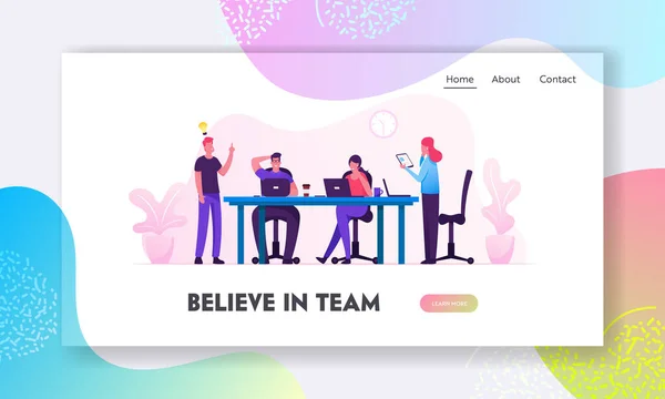 Brainstorm webbplats landning sida. Kreativa människor i kontoret har en idé som arbetar tillsammans i Office. Framgångsrikt team — Stock vektor