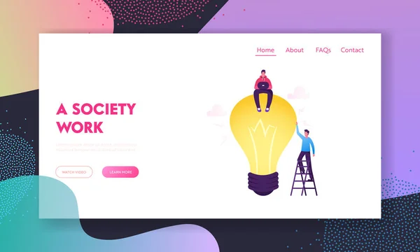 ビジネスチームクリエイティブアイデアウェブサイトランディングページの検索プロジェクトに取り組みます。巨大な電球に座っている男 — ストックベクタ