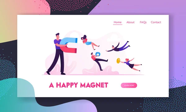 Smm Influencer Strategy Site Web Landing Page. Social Media Concept. Homme tenant un énorme aimant attirant J'aime — Image vectorielle