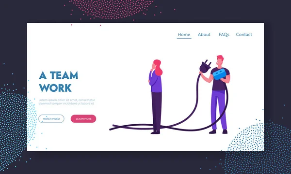 Teamwork-Verbindung, Partnerschaft Zusammenarbeit Website Landing Page. Geschäftsleute halten Stecker — Stockvektor